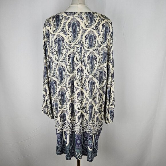 Rose + Olive Womens 1X Paisley Border Boho Print Tunic Top Blue & White - Picture 3 of 9